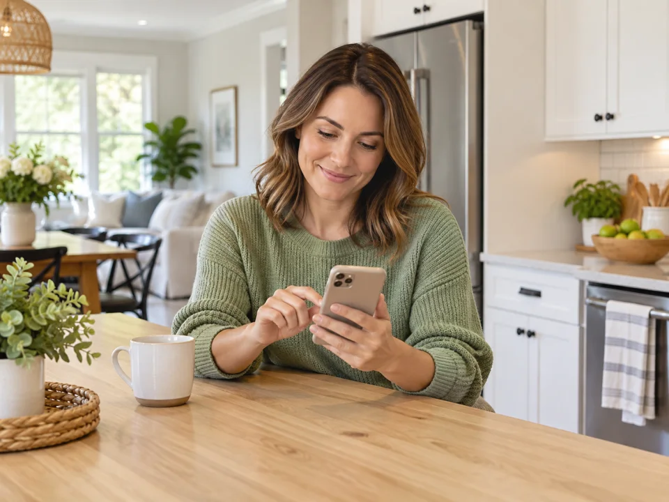 Illustration: A homeowner in a soft green sweater using a smartphone at a pale oak kitchen island to request cleaning.