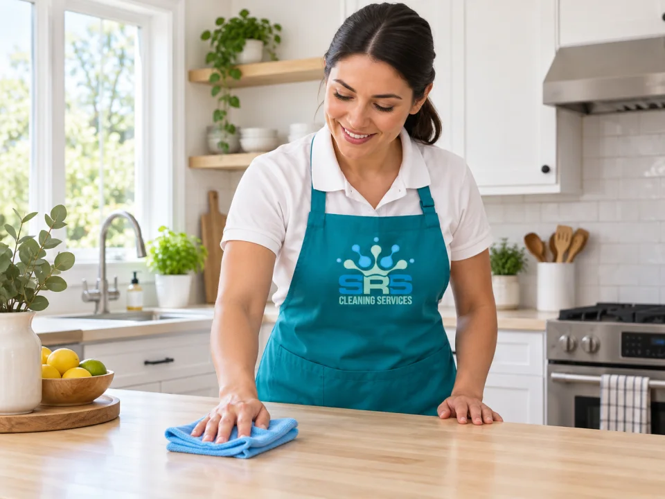 Illustration: One SRS cleaner in a teal apron over a white shirt wiping a kitchen countertop with a blue microfiber cloth.
