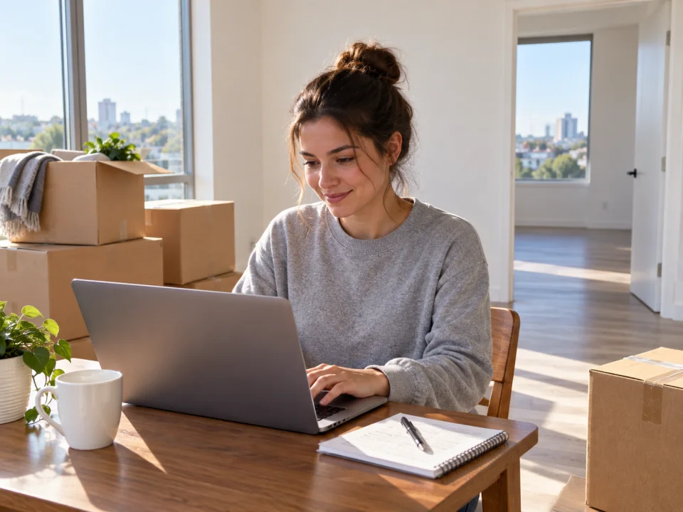 Illustration: A renter in a gray sweatshirt sitting beside a few packed moving boxes, entering a cleaning request on a laptop on a small table.