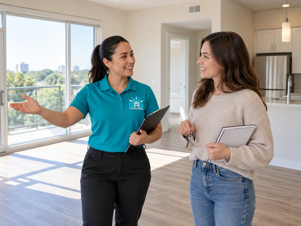 Illustration: One SRS coordinator in a teal polo reviewing an empty apartment with a resident holding house keys and a small notebook.