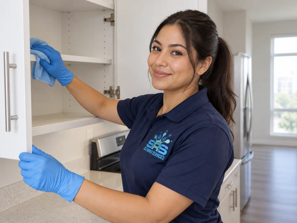 Illustration: One SRS cleaner in a navy polo wiping inside an empty kitchen cabinet in a vacant apartment.