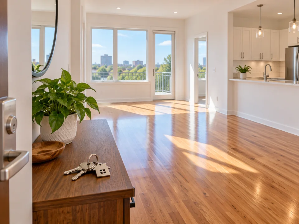 Illustration: Wide inviting view of a clean empty apartment ready for the next resident, warm wood floor, white walls, bright windows, a key ring on the entry console.