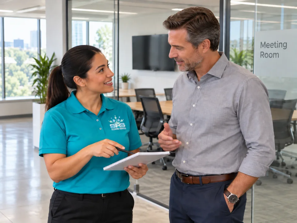 Illustration: One SRS coordinator in a teal polo discussing after-hours cleaning with an office manager in business-casual clothes beside a glass meeting room.