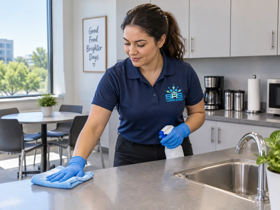 Illustration: One SRS professional in a navy polo wiping a shared office break-room counter, stainless sink and simple cabinets.