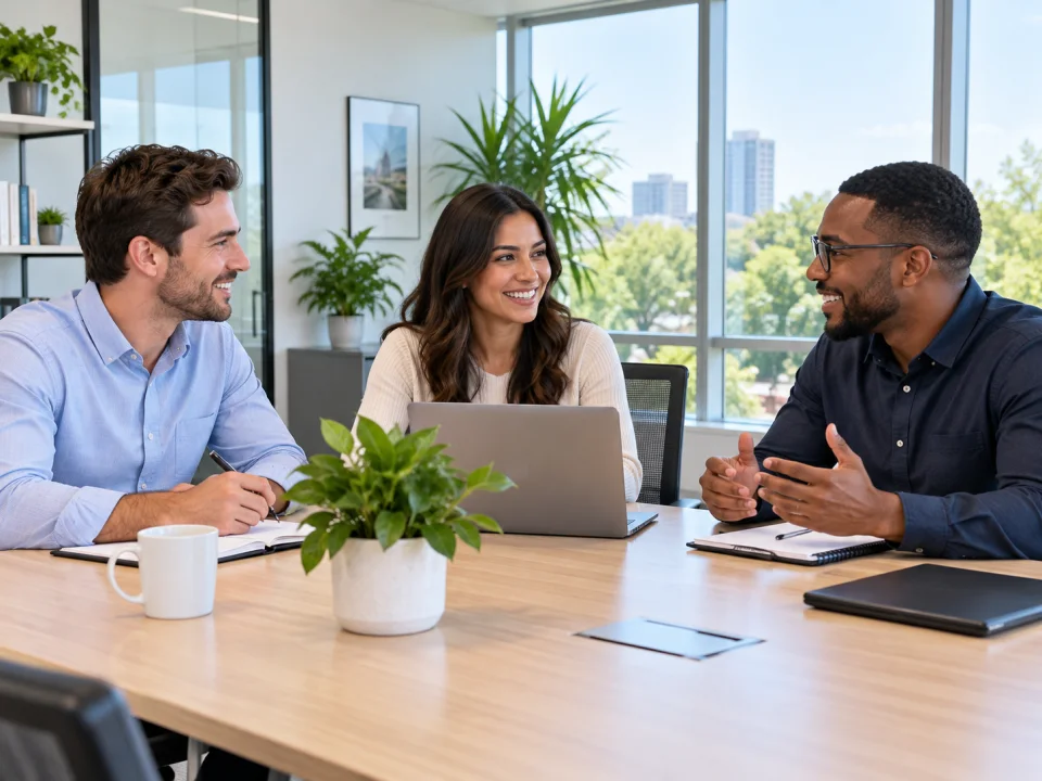 Illustration: Three office colleagues beginning a meeting around a clean conference table, daylight and plants, uncluttered chairs and floor, natural working moment.