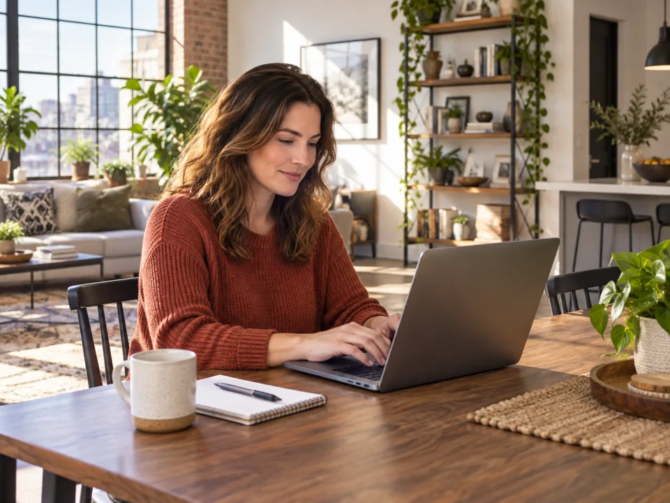 Illustration: A woman in everyday clothing sitting at a walnut dining table, entering a cleaning inquiry on a laptop.