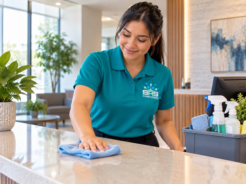 Illustration: One SRS professional in a teal polo wiping a polished reception counter with a microfiber cloth, a small supply caddy nearby, bright versatile interior.