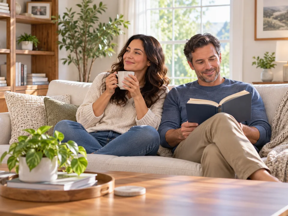 Illustration: An adult couple relaxing in a freshly cleaned sunlit living room, one reading a book and one enjoying tea, natural candid moment, no workers.