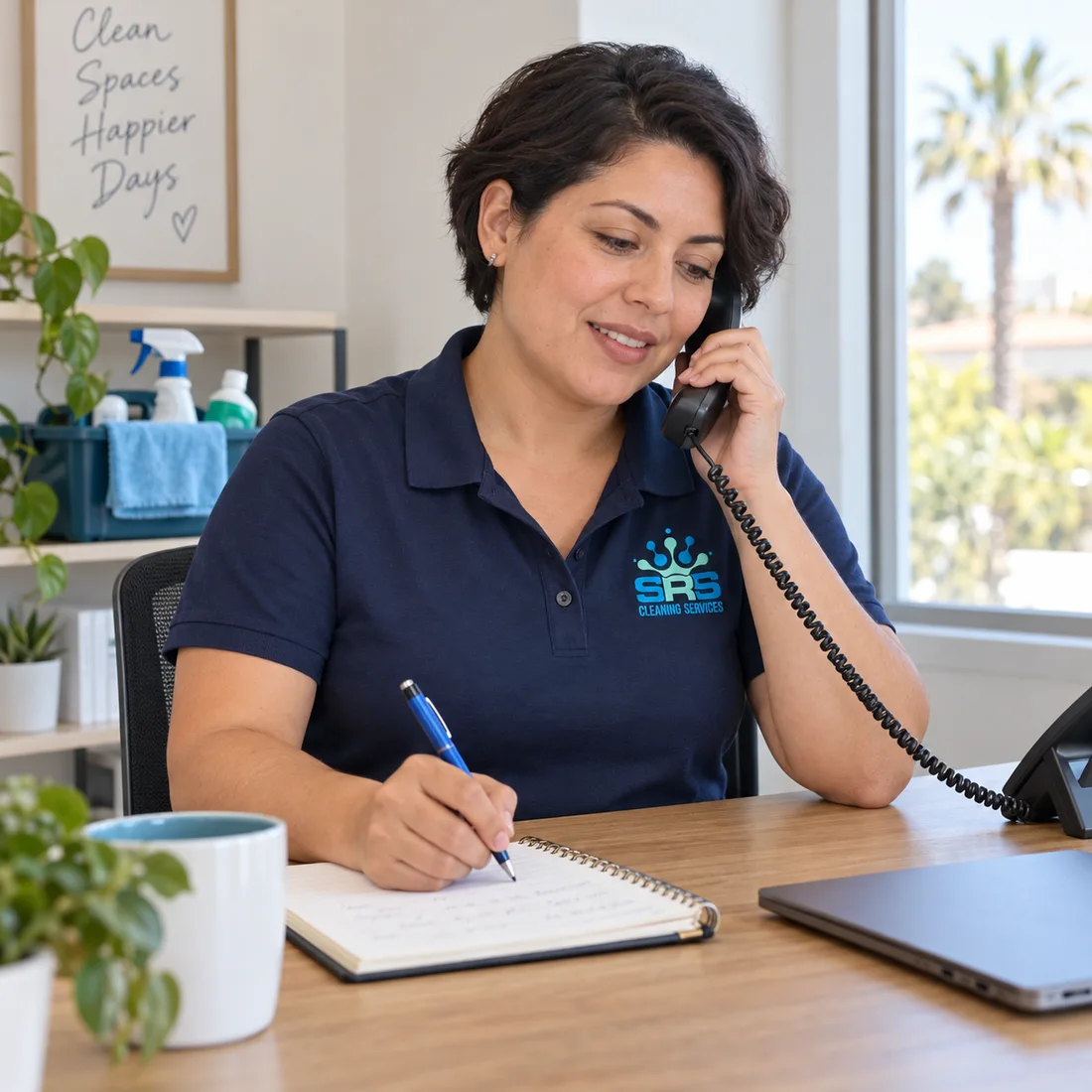 Illustration of an SRS team member listening on the phone and noting a customer’s cleaning priorities