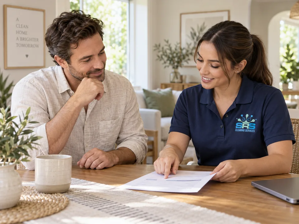 Illustration of an SRS representative discussing a cleaning quote with a customer