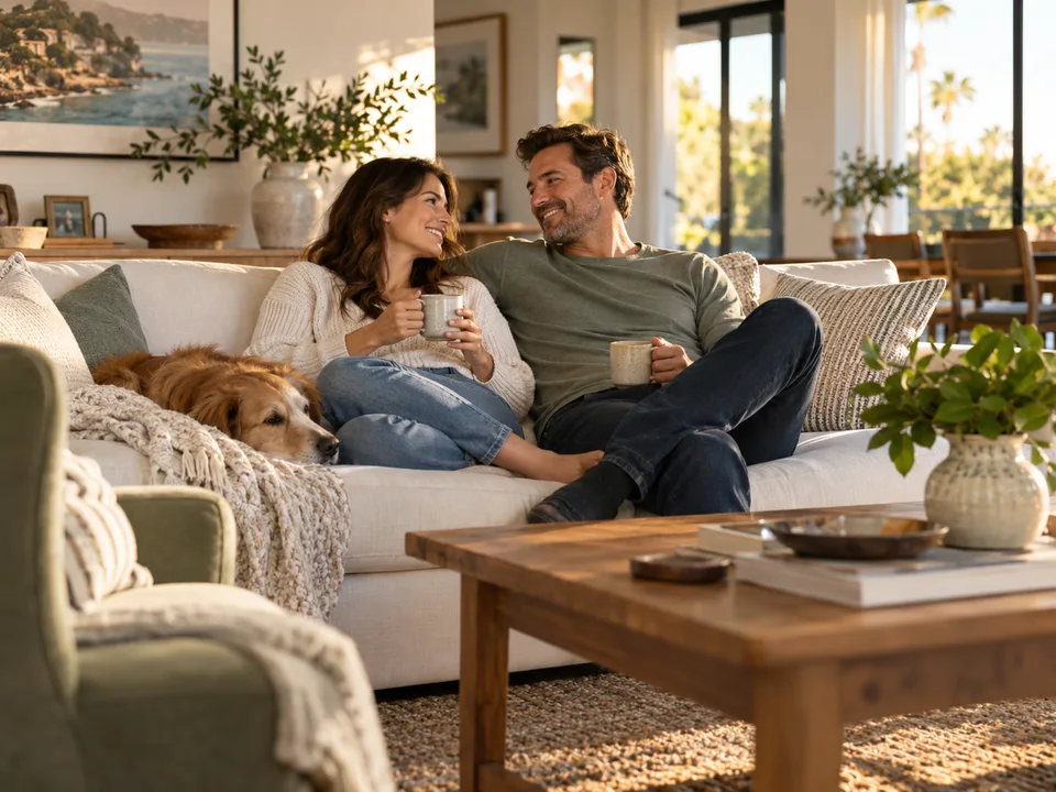 Illustration of a couple relaxing together in their freshly cleaned living room