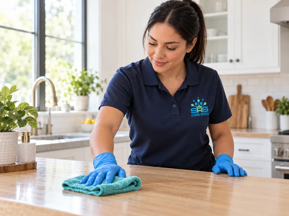 Illustration of an SRS cleaner carefully wiping a kitchen counter