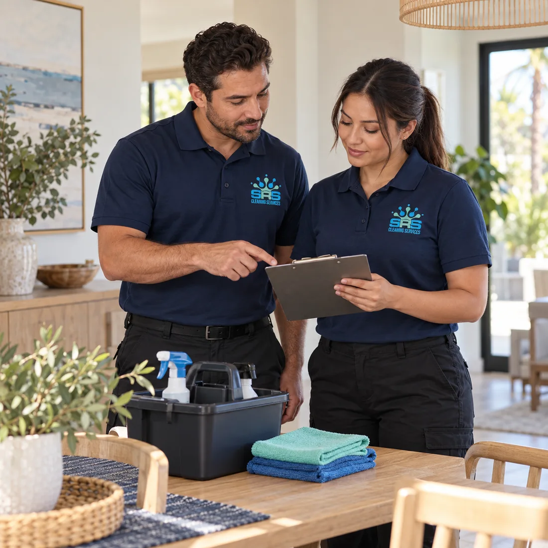 Illustration of two SRS-uniformed professionals reviewing cleaning instructions together