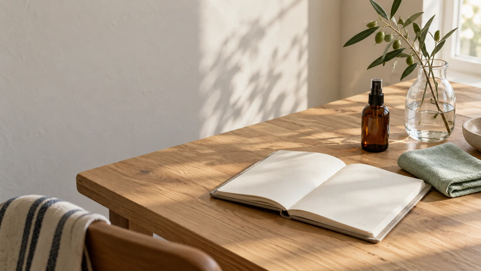 Cleaning cloths and supplies beside a notebook in soft daylight.