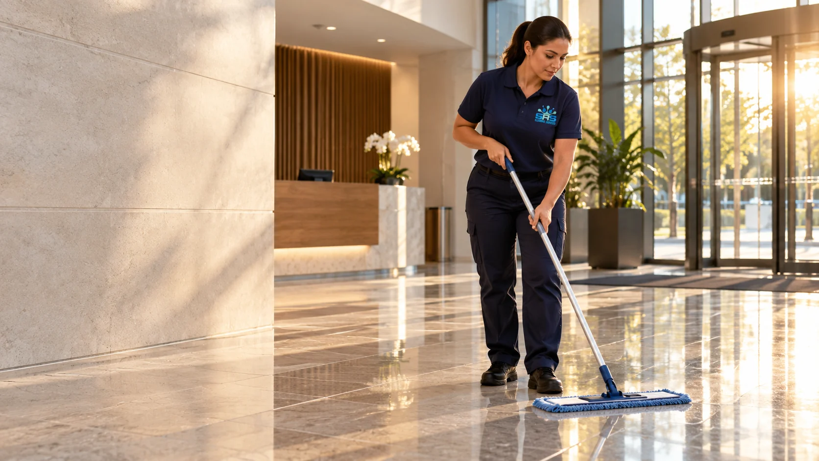 SRS cleaner maintaining a polished commercial lobby floor.