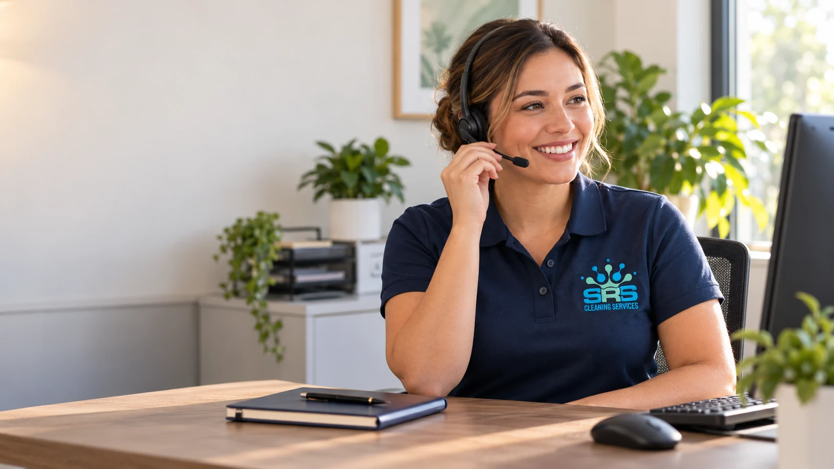 Illustration of an SRS contact coordinator taking a call at her desk.