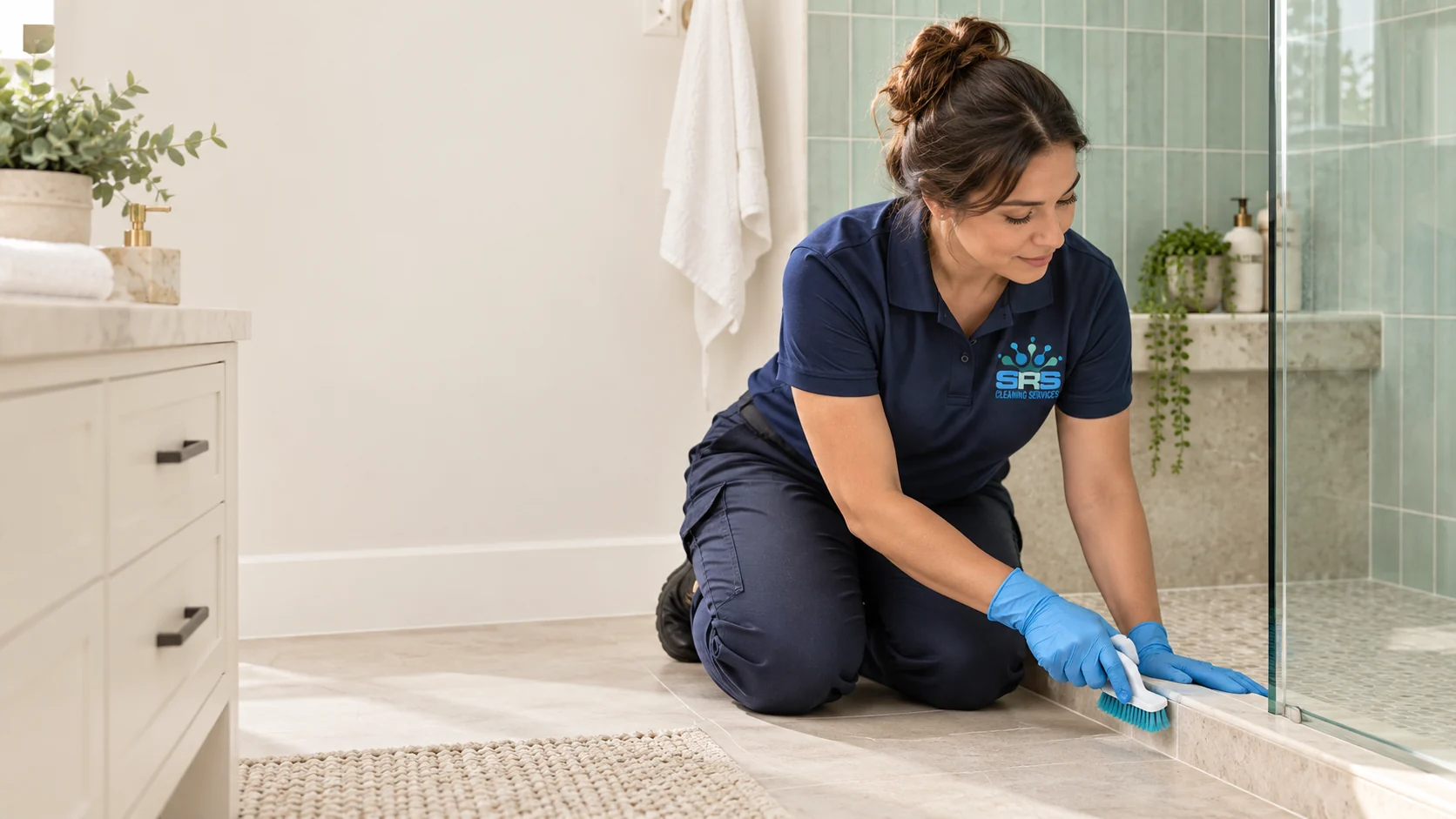 SRS cleaner detailing the edge of a shower enclosure.