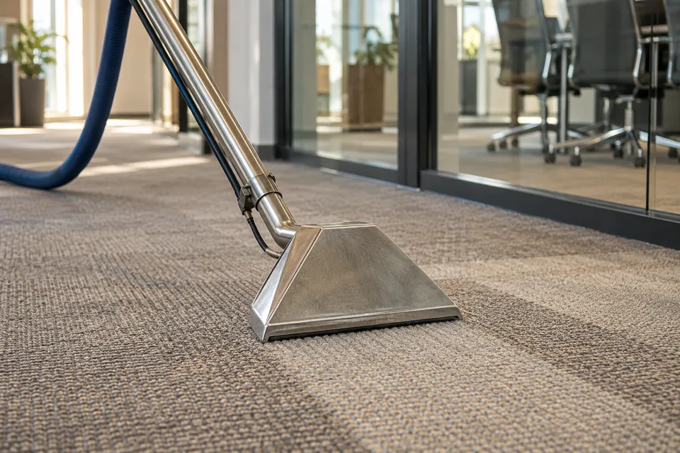 A professional extraction wand cleaning commercial carpet
