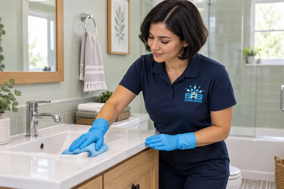 An SRS-uniformed cleaner wiping a bathroom sink