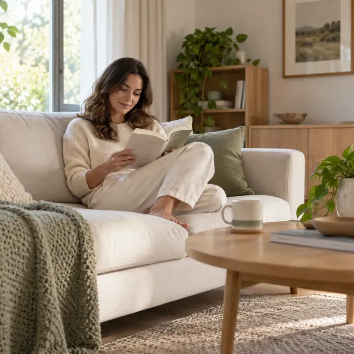 A woman enjoying a book in a clean, sunlit living room