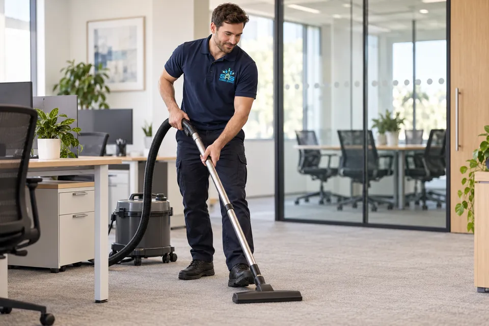 An SRS-uniformed cleaner vacuuming an office