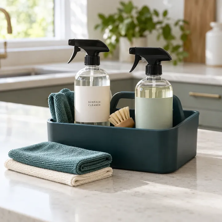 Cleaning sprays and neatly folded microfiber cloths in a teal cleaning caddy