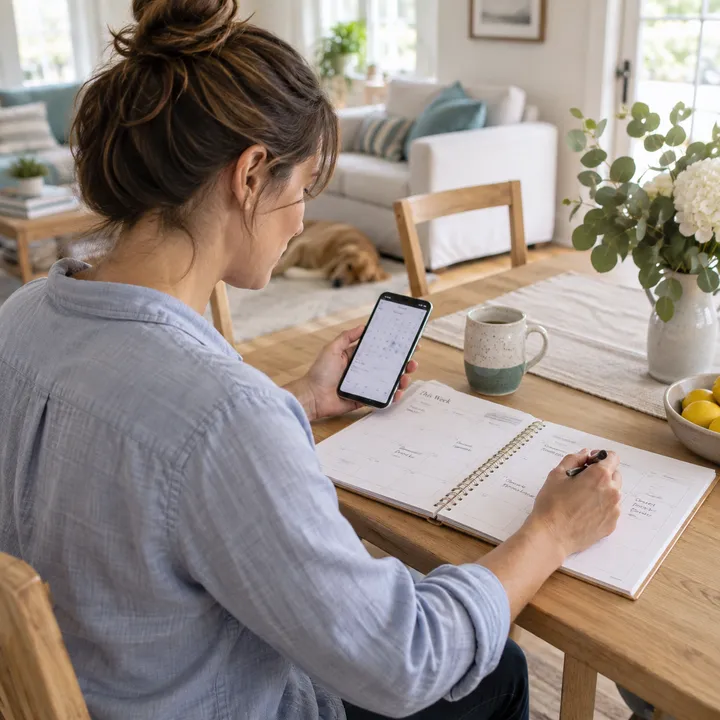 A customer checking a planner and phone to arrange a convenient cleaning visit