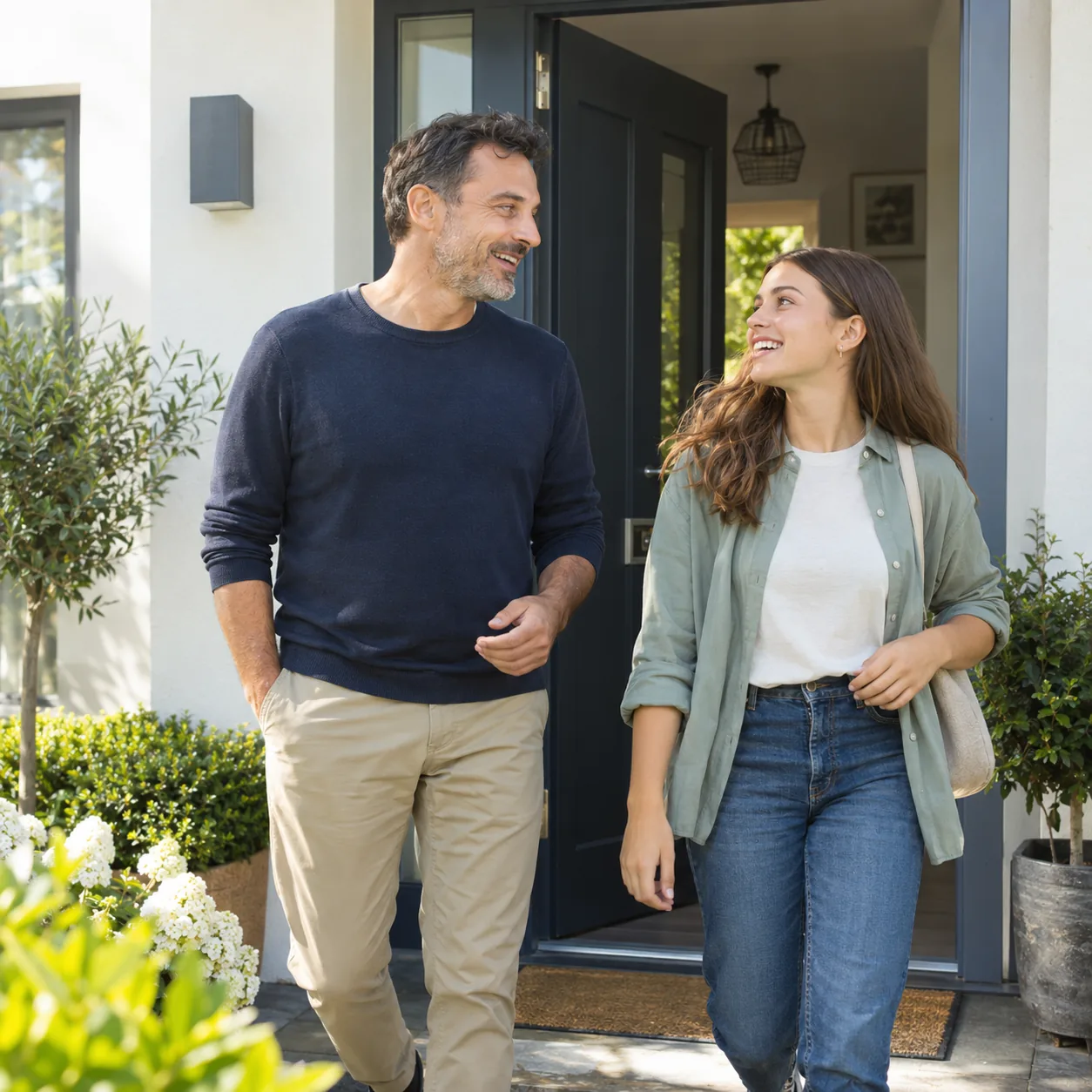 An adult parent and daughter heading out together from a tidy home.