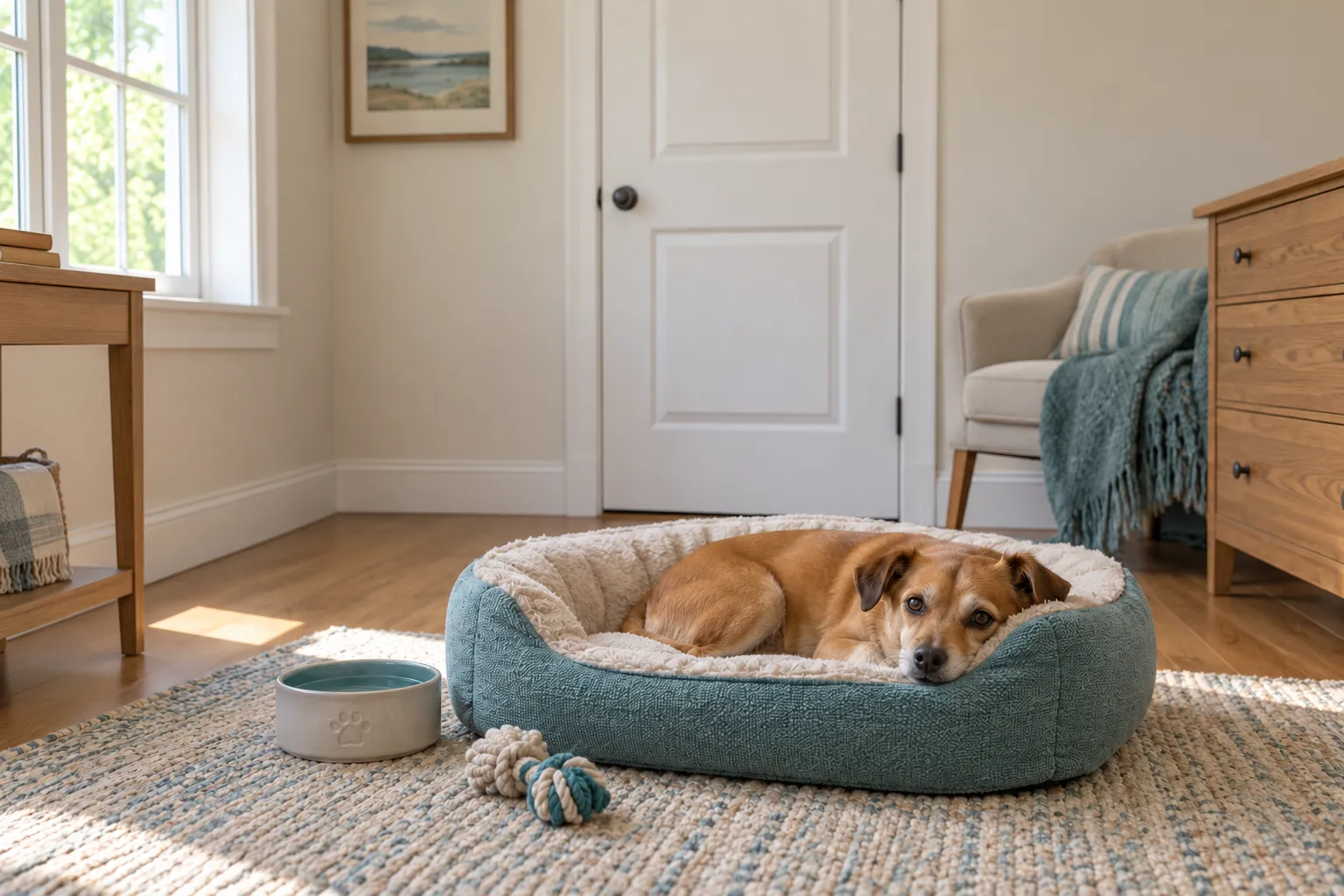 Illustration of a dog resting on its bed in a quiet room, with water and a closed door.