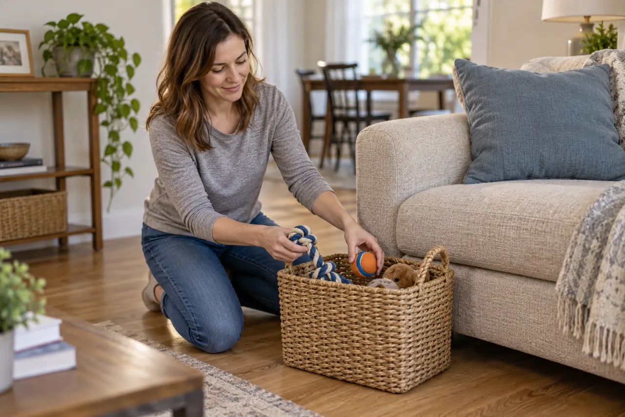 Illustration of a homeowner clearing dog toys into a basket before a cleaning visit.
