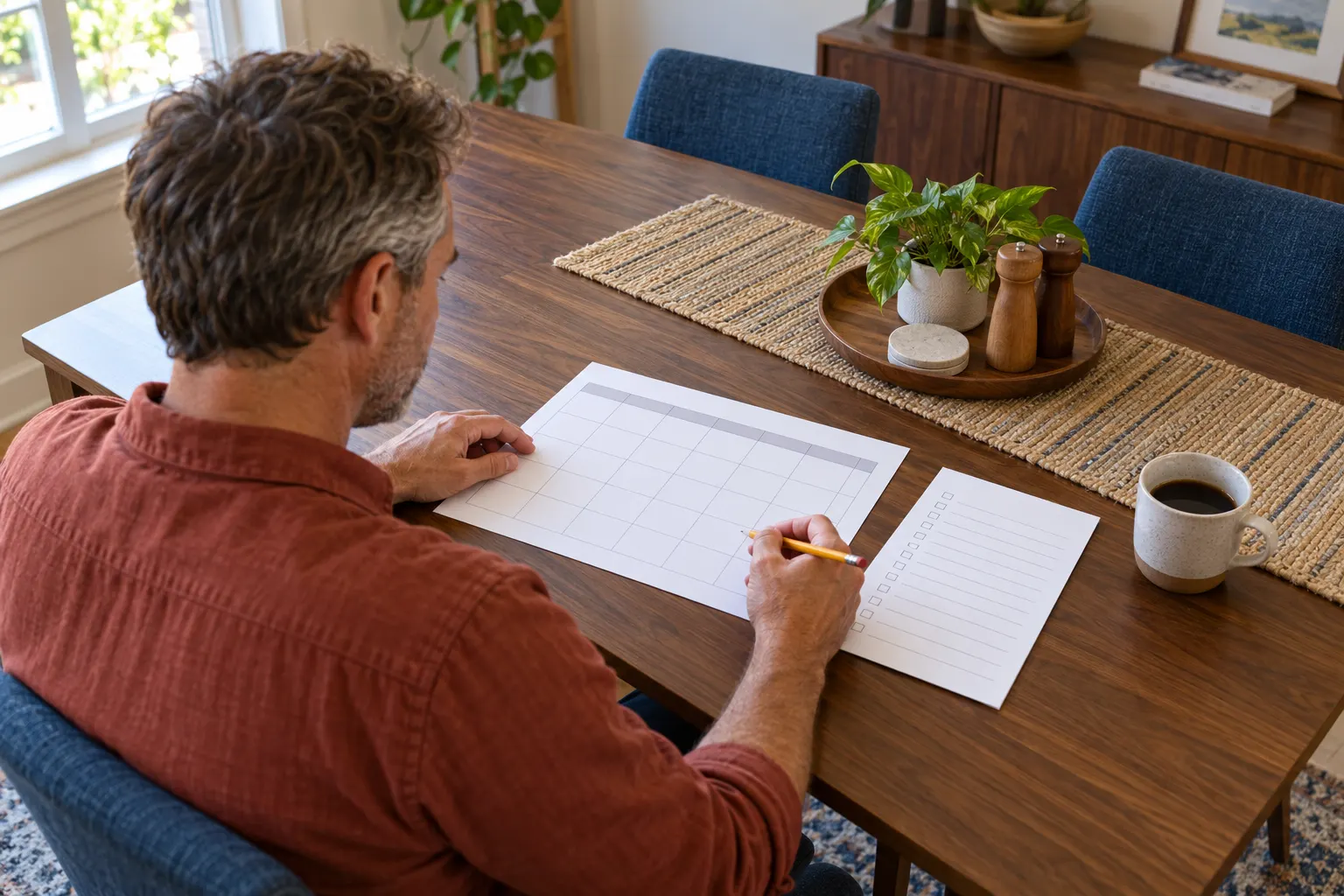 Illustration of a homeowner comparing a paper calendar with a household cleaning checklist.
